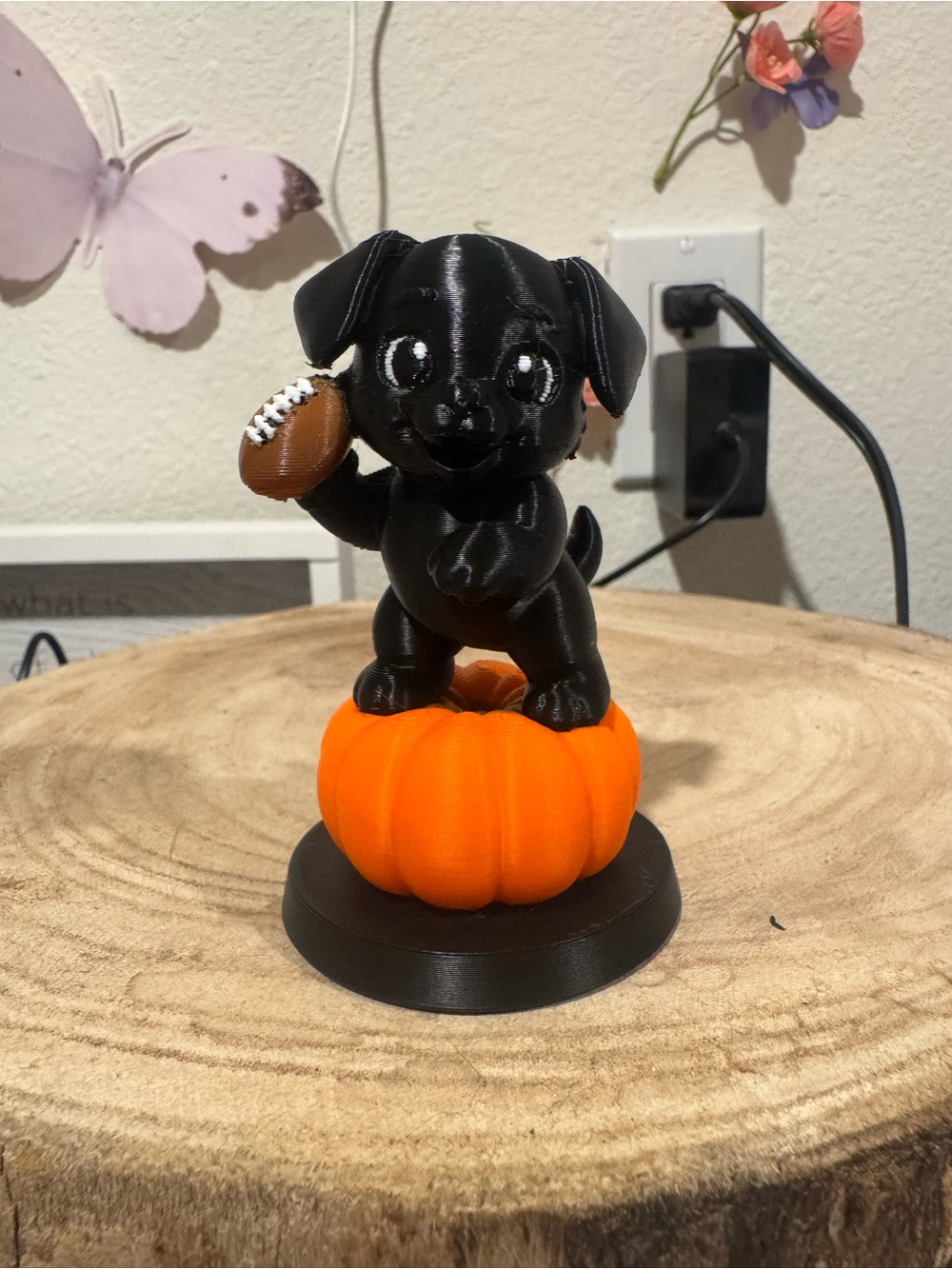 Black Puppy Dog Toy on Orange Pumpkin - Pet Figurine
